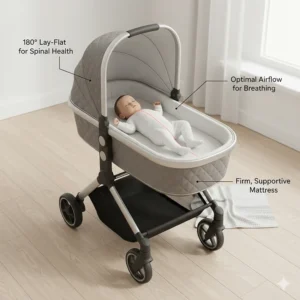 Illustration showing the essential lay-flat position of a pram for newborn spinal health and breathing.
