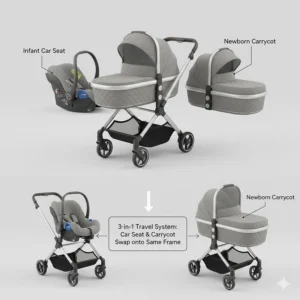 A 3-in-1 travel system showing how a car seat and carrycot swap onto the same pram frame.
