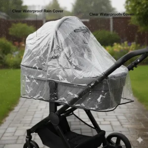A newborn pram fitted with a clear waterproof rain cover and a quilted apron, ideal for British weather.