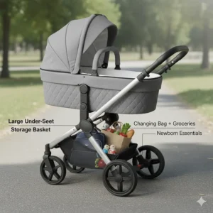 Illustration of a large under-seat storage basket on a pram, filled with a changing bag and groceries.