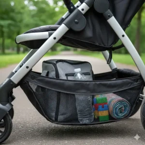 Detailed view of a spacious underseat storage basket on a jogging pram holding a changing bag and water bottle.