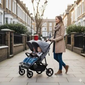 A parent pushing a slim double pushchair along a typical narrow British pavement with ease.
