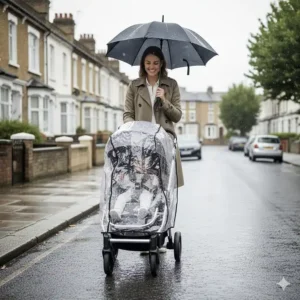 A lightweight stroller with a transparent rain cover attached during a typical grey British rainy day.