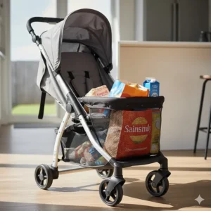 The under-seat storage basket of a lightweight stroller filled with British supermarket shopping bags.