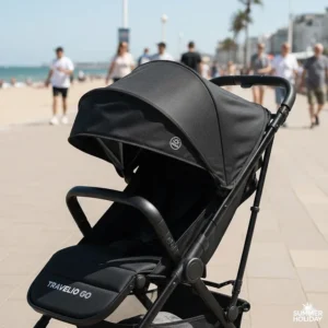 A cabin approved stroller featuring an extendable UPF50+ sun canopy for summer holidays.