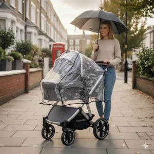 A travel system pushchair with a transparent waterproof rain cover fitted during a British shower.