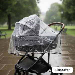 A clear waterproof raincover fitted over a pushchair, essential for the unpredictable British weather.