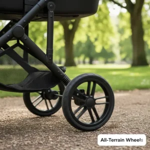 Close-up of puncture-proof wheels and suspension on a budget-friendly pram, ideal for British park walks.