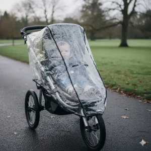 A specialist running buggy fitted with a transparent waterproof rain cover during a wet British morning run.
