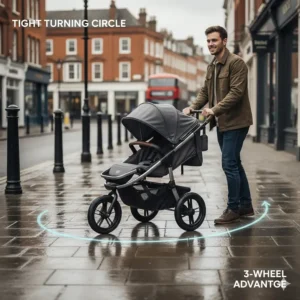 Alt text for image 2: A father manoeuvring a 3-wheel pushchair with a tight turning circle on a damp British high street to demonstrate superior manoeuvrability.