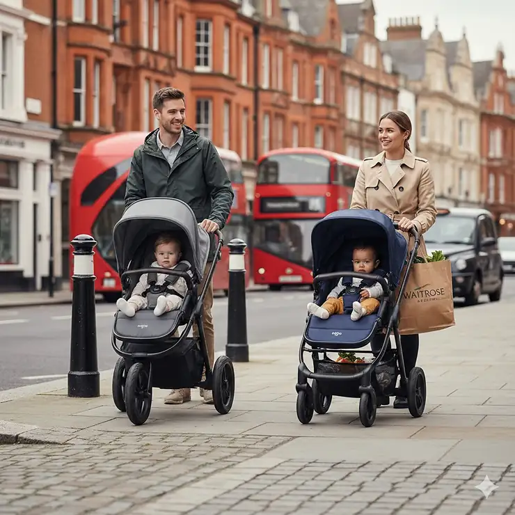 Alt text for image 1: A side-by-side comparison of a sporty three-wheel all-terrain pushchair and a classic four-wheel urban stroller on a British pavement with red buses in the background. 3 wheel vs 4 wheel pushchair