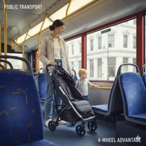 Alt text for image 5: A parent standing with a compact 4-wheel stroller in the designated buggy bay of a UK bus, showing its suitability for public transport.