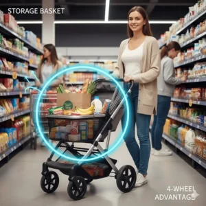 Alt text for image 9: A woman in a UK supermarket aisle using a 4-wheel pushchair, demonstrating the large capacity of the under-seat shopping basket.
