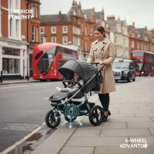 Alt text for image 3: A mother safely mounting a pavement kerb with a stable 4-wheel pushchair, highlighting the balanced weight distribution typical of four-wheel models.