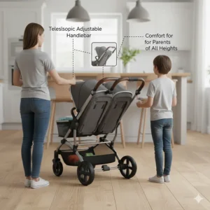 Diagram of an adjustable telescopic handlebar on a double pushchair to suit parents of different heights.