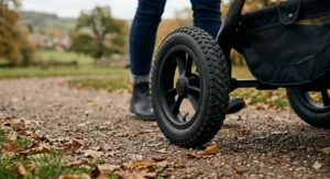 Close-up of a rugged, air-filled pram tyre with deep tread rolling over fallen autumn leaves on a gravel path.
