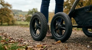 A side-by-side comparison of a rugged air-filled tyre and a smooth foam tyre on a British gravel path.