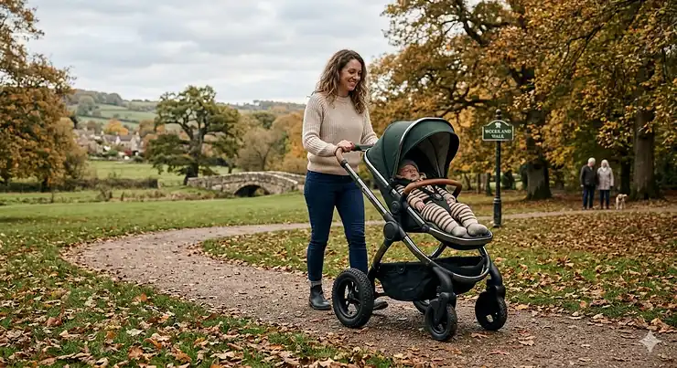 A mother pushing a modern green pram with all-terrain air-filled tyres through a scenic British park in autumn. air filled vs foam tyres pram