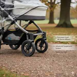 Close-up of puncture-proof all-terrain wheels and suspension on a pushchair for toddler and newborn.