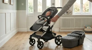 Alt text for image 9: A 6-month-old baby transitioning from a carrycot to a parent-facing lie-flat seat as they begin to sit up and see the world.