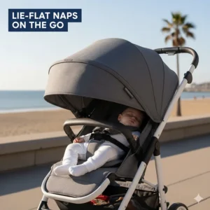 Illustration of a travel stroller in a full lie-flat recline position, suitable for infant naps on holiday.