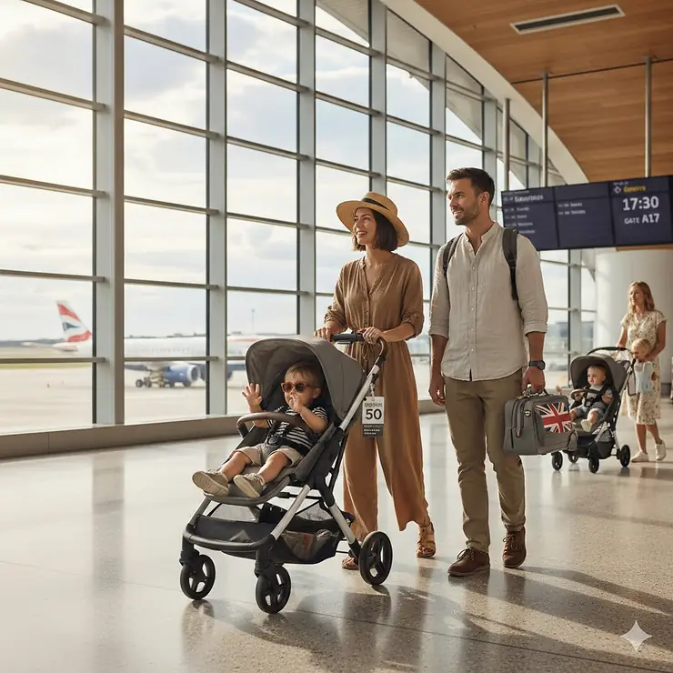 A parent pushing the best holiday stroller for UK families through a bright airport terminal. best holiday stroller