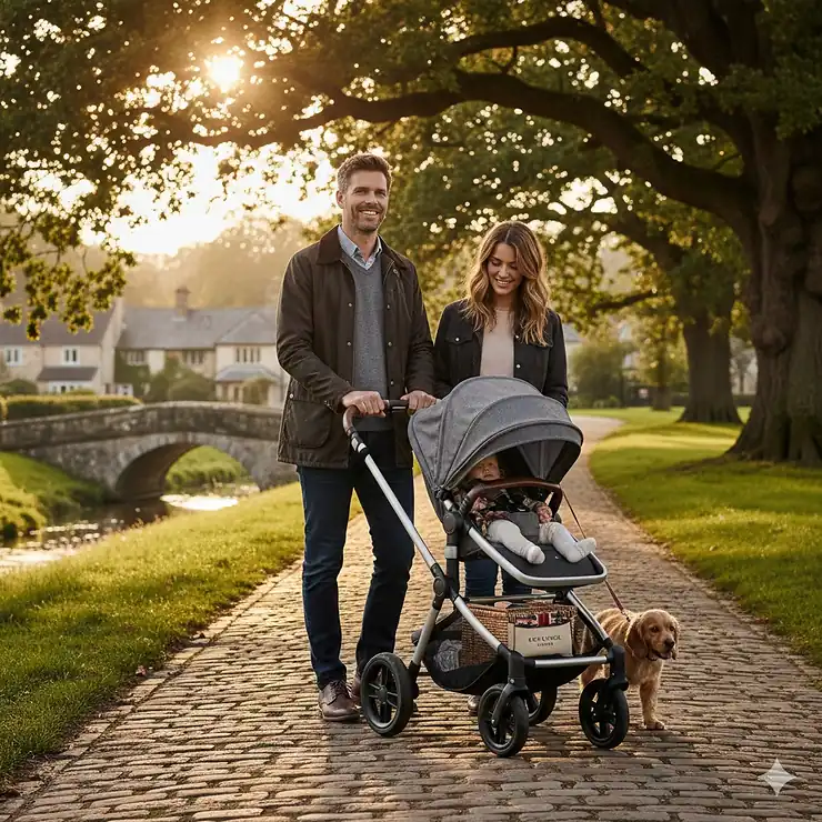 A tall father comfortably pushing a stylish pushchair with an adjustable handlebar through a British park. pushchair for tall parents