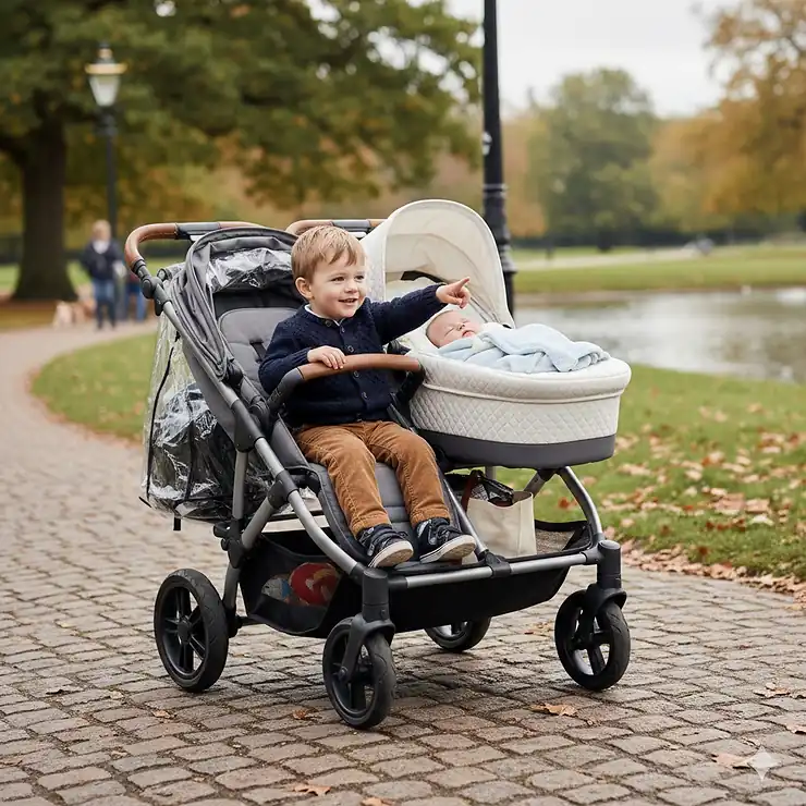 A versatile double pushchair for toddler and newborn featuring a carrycot and a toddler seat in a park setting. pushchair for toddler and newborn
