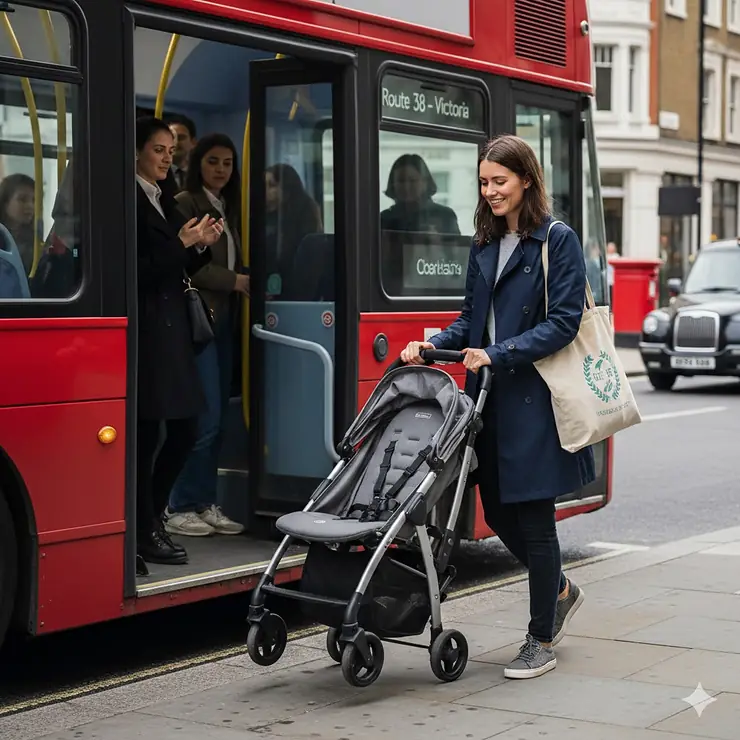 A parent easily boarding a red London bus with a compact, folded pushchair, showing ease of use on public transport. pushchair for London public transport