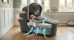 Alt text for image 8: Illustration of the perforated base and breathable mattress inside a premium carrycot to prevent overheating.