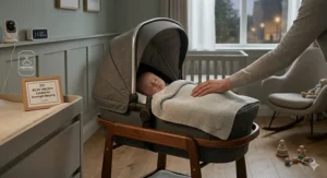 Alt text for image 6: A safety-certified carrycot being used on a stand indoors for supervised overnight sleeping, highlighting its multi-use benefits.