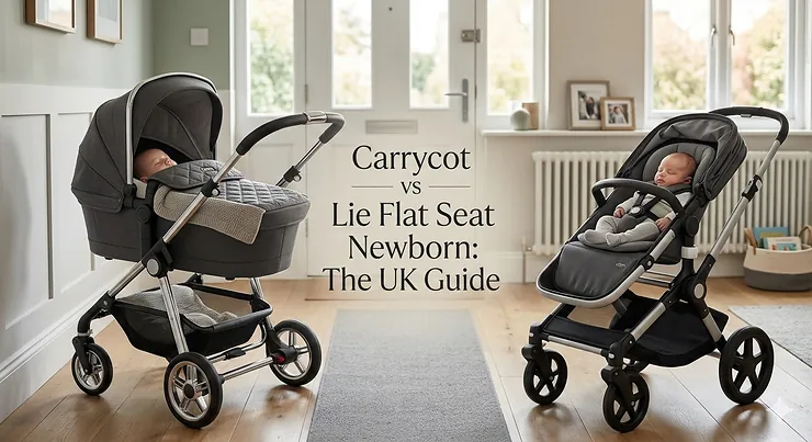 Alt text for image 1: A side-by-side comparison of a newborn baby sleeping in a traditional hard-shell carrycot versus a lie-flat pushchair seat on a British high street. carrycot vs lie flat seat newborn