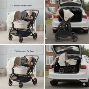 Diagram showing a compact-fold pushchair for toddler and newborn fitting into a standard hatchback car boot.