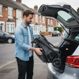 A pushchair being folded into the boot of a standard UK family hatchback.