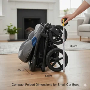 Close-up of a lightweight pushchair folded flat to show how it fits a shallow car boot.