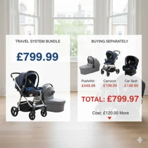 A visual price breakdown in Pounds Sterling comparing the upfront cost of a travel system bundle against buying a pushchair, carrycot, and car seat separately.