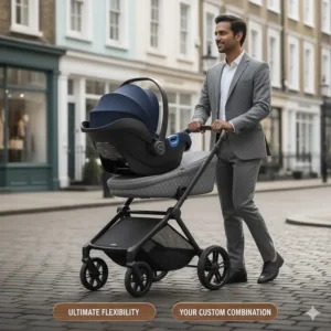 A stylish illustration showing a parent using a high-end designer pushchair with a different brand’s high-safety rated car seat.