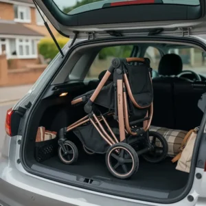 A Cybex Priam folded compactly to fit inside a standard UK hatchback car boot.