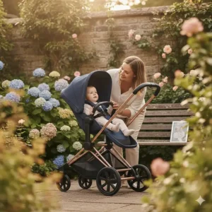 A baby resting in the parent-facing seat of a Cybex Priam during a walk in a British garden.