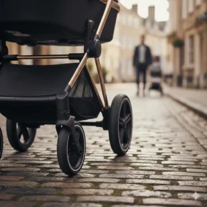 Close-up of Cybex Priam all-wheel suspension handling a bumpy UK cobbled street smoothly.