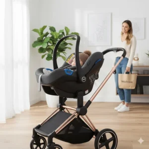 A Cybex Priam chassis with a Cloud T car seat attached, showing its value as a complete travel system.