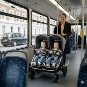 A side by side double pram positioned in the designated wheelchair and buggy space on a London red bus.