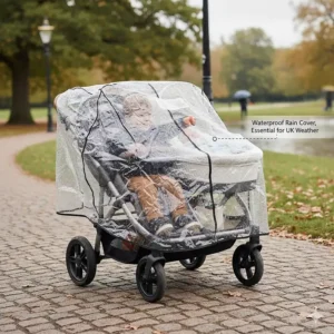 A double pushchair fitted with a transparent waterproof rain cover, essential for UK weather.