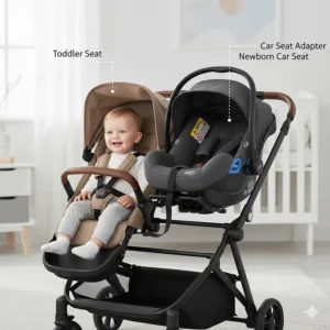 Illustration of a double travel system with a toddler seat and a newborn car seat attached using adapters.