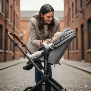 A high-seated pushchair model that reduces the need for tall parents to stoop when tending to their baby.