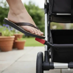 A close-up of a foot-operated brake system on a pushchair, highlighting ease of use for larger shoe sizes.
