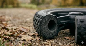 A detailed cross-section of a hybrid pram tyre showing the dense, puncture-proof foam core and rubber outer tread.