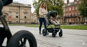 A mother pushing a pram with smooth, puncture-proof foam tyres on a paved urban street with historic British architecture.