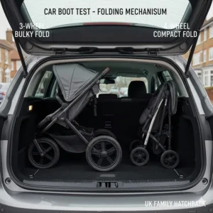 Alt text for image 7: A comparison of a 3-wheel pushchair and a 4-wheel stroller folded inside the boot of a standard UK family hatchback to show storage size differences.
