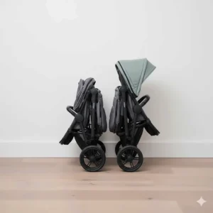 Two folded double prams—one side by side and one tandem—showing the difference in collapsed footprint for storage.